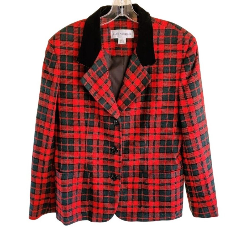 Vintage Norton McNaughton Red Green Tartan Plaid Wool Blazer Velvet Collar